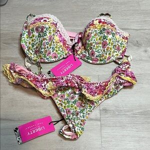 Liberty Floral Lace Trim Bra Set - Pink and Yellow